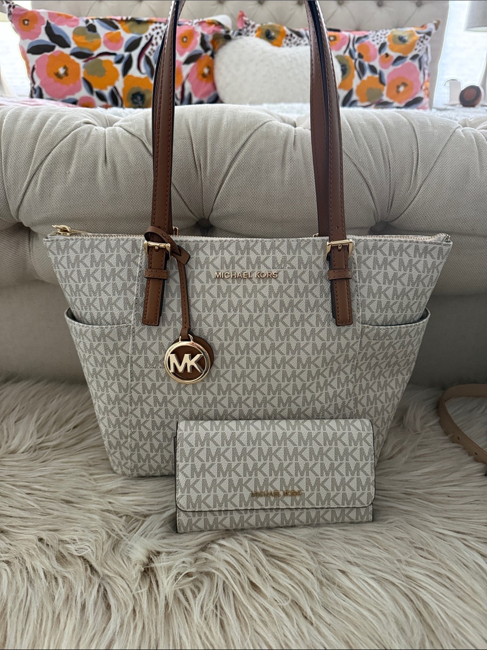 Michael Kors Beige Signature MK tote and matching wallet